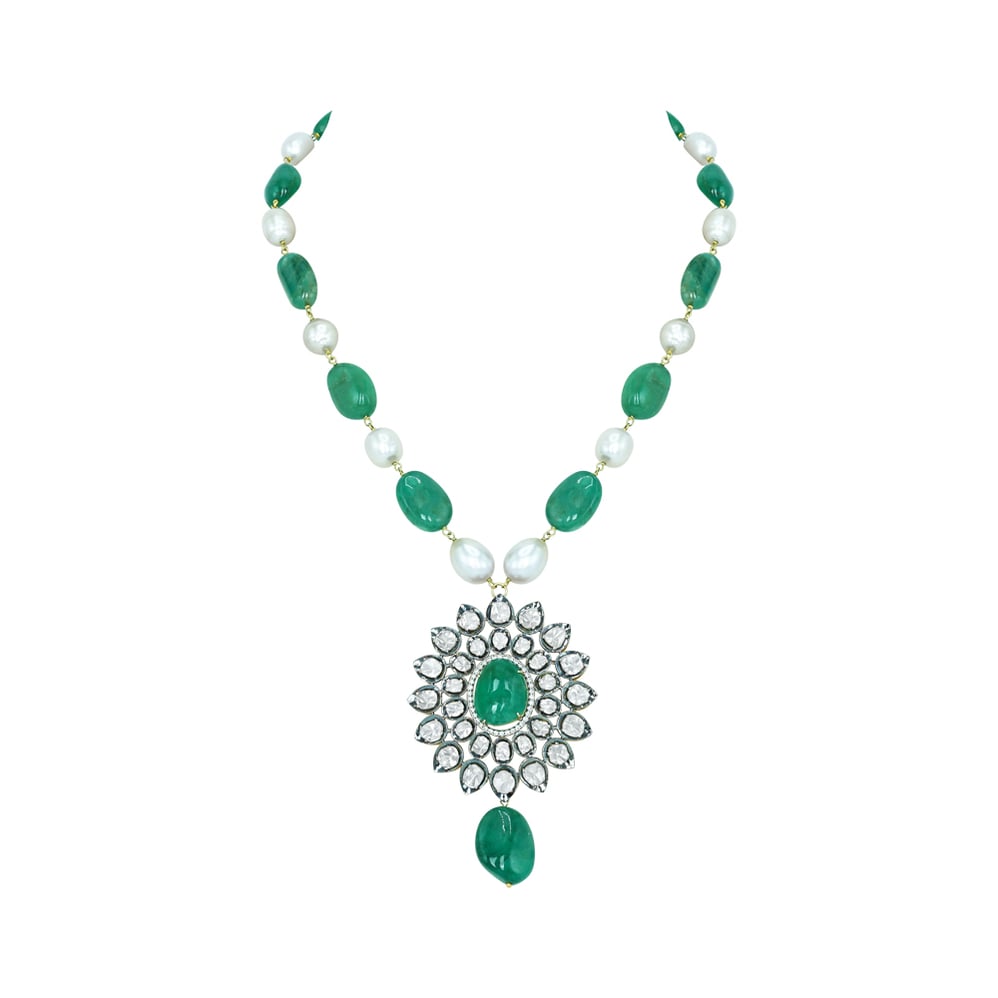 Emerald Cabochon Polki Necklace with Emerald and Pearl Strand